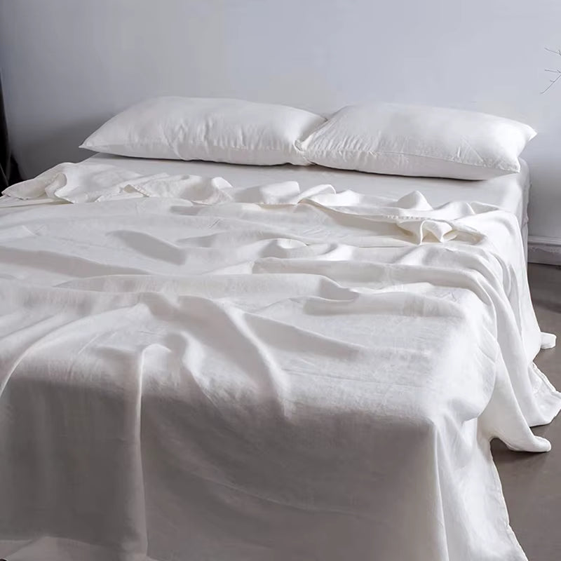 Nature Linen Bedding Set, Flat Bed Sheet and Pillowcase, Nordic Pure Flax White Soft Sheet Set