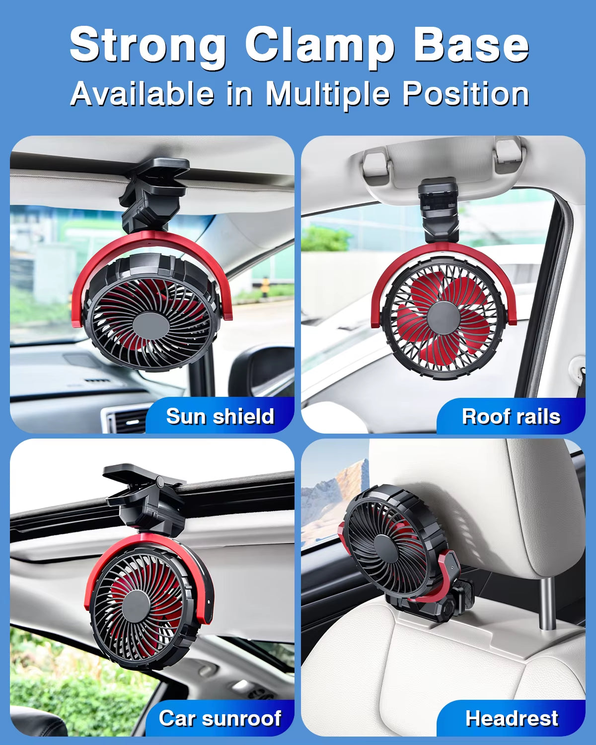Car Cooling Clamp Fan 2000Mah USB Rechargeable Fan Burshless Cooler 900° Rotatable Portable Cooling Tool Car Electronic