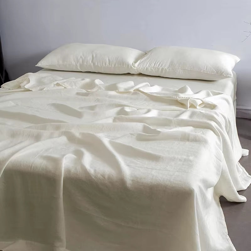 Nature Linen Bedding Set, Flat Bed Sheet and Pillowcase, Nordic Pure Flax White Soft Sheet Set