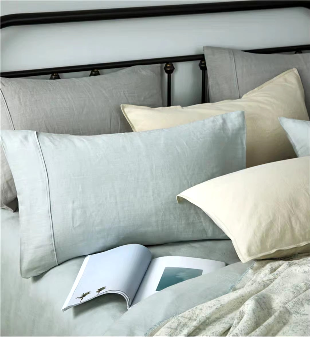 Nature Linen Bedding Set, Flat Bed Sheet and Pillowcase, Nordic Pure Flax White Soft Sheet Set
