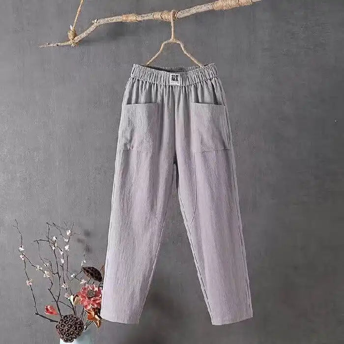 Cotton And Linen Casual Trousers With Elastic Waistband