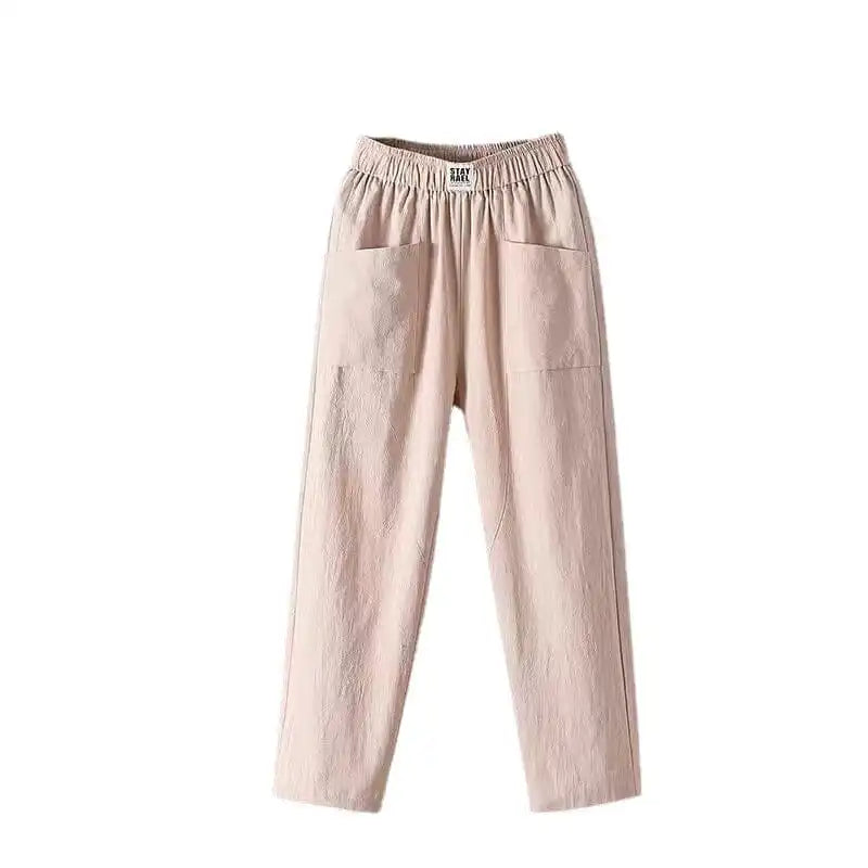 Cotton And Linen Casual Trousers With Elastic Waistband