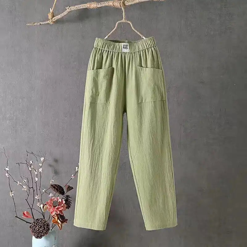 Cotton And Linen Casual Trousers With Elastic Waistband