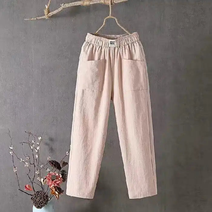 Cotton And Linen Casual Trousers With Elastic Waistband