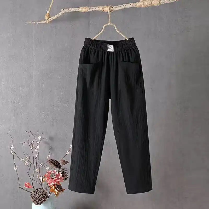 Cotton And Linen Casual Trousers With Elastic Waistband