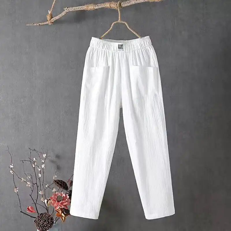 Cotton And Linen Casual Trousers With Elastic Waistband