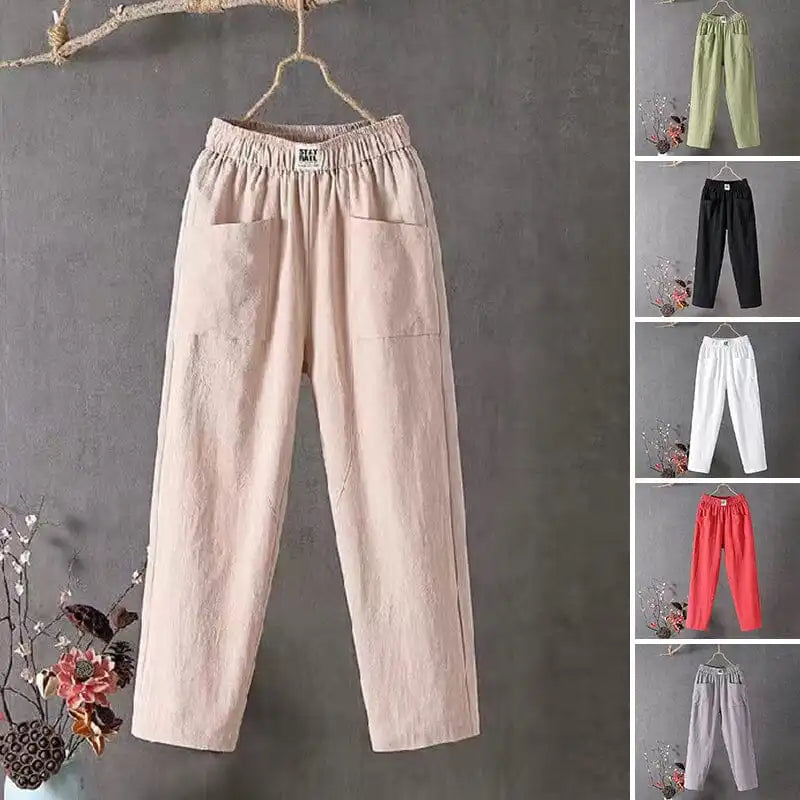 Cotton And Linen Casual Trousers With Elastic Waistband