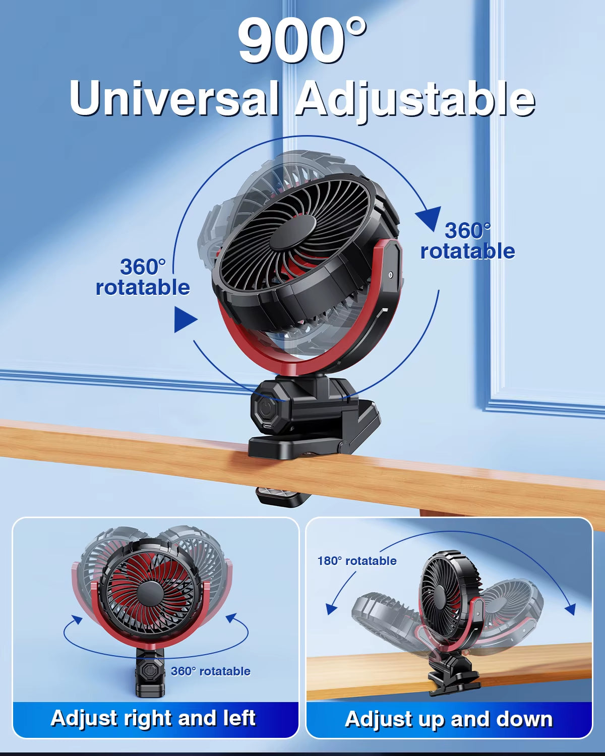 Car Cooling Clamp Fan 2000Mah USB Rechargeable Fan Burshless Cooler 900° Rotatable Portable Cooling Tool Car Electronic