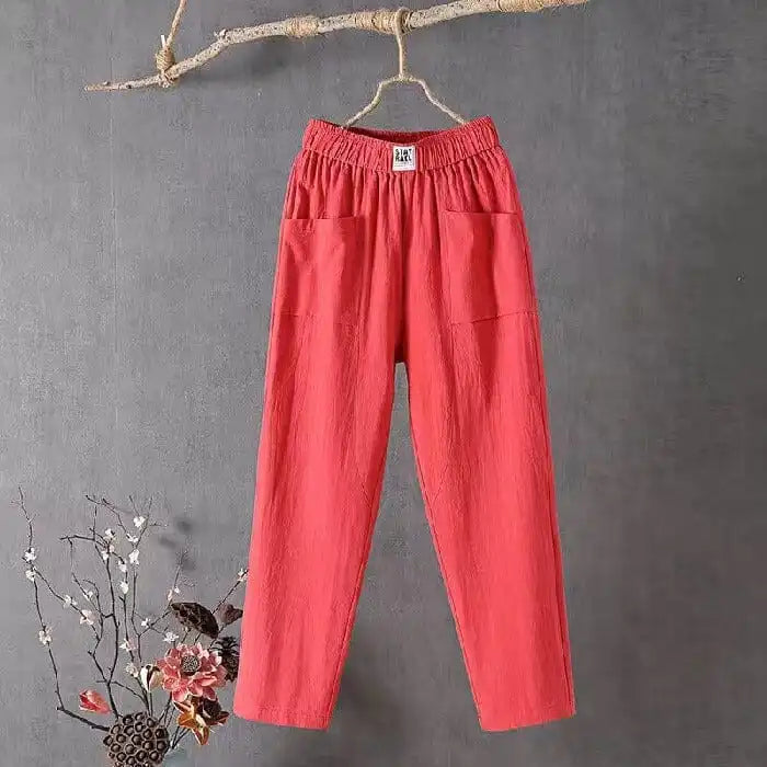Cotton And Linen Casual Trousers With Elastic Waistband