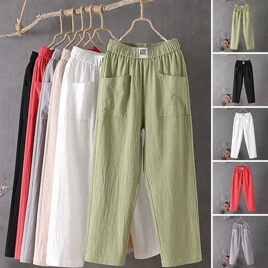 Cotton And Linen Casual Trousers With Elastic Waistband