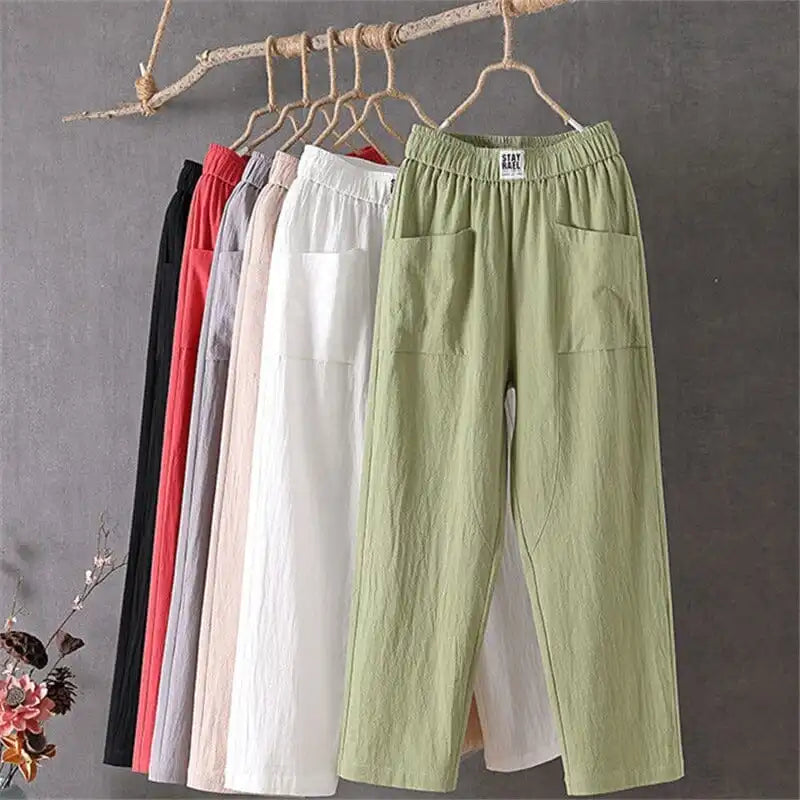 Cotton And Linen Casual Trousers With Elastic Waistband
